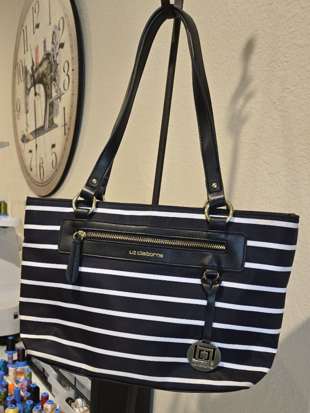 Liz Claiborne Striped Nylon Tote Bag Black and White with Gold Hardware
